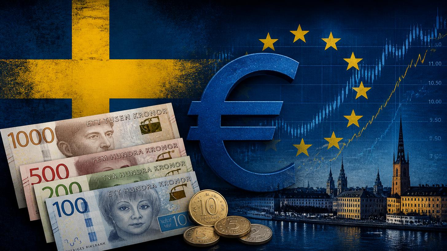 Swedish krona banknotes and coins beside a euro symbol with the Stockholm skyline